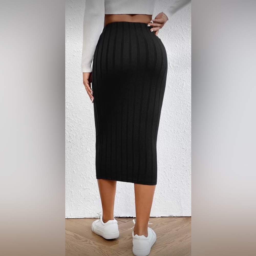 Mint Julep Bodycon Black Ribbed Pencil Skirt, Midi, Elastic Waist, Small, NWT - Picture 3 of 10